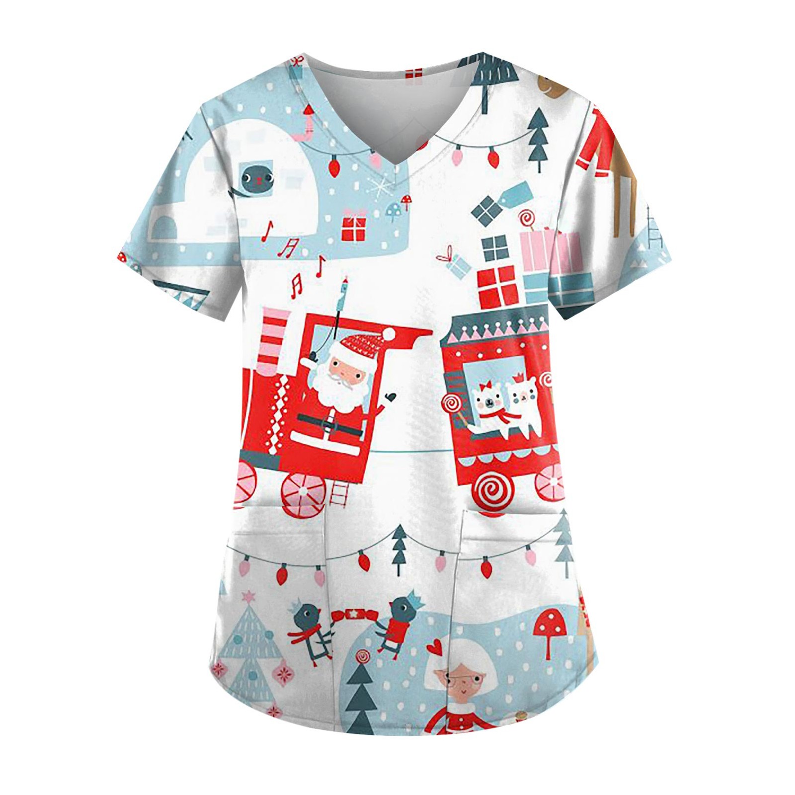 ADSSDQ Women's Mock Wrap Scrub Top Holiday Christmas Print V Neck Short